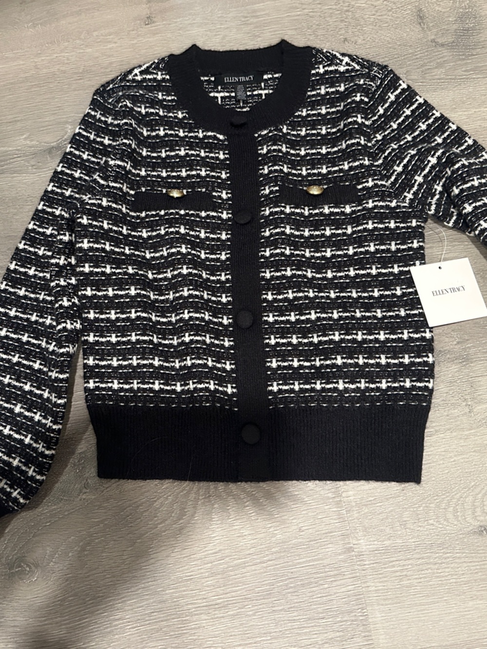 Ellen Tracy Black and White Tweed-Style Knit Cardigan